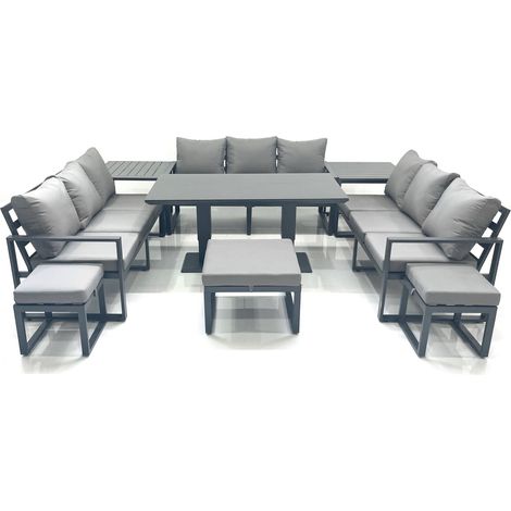 Fimous 12 Seater Garden Sofa Set Aluminium Furniture Rising Dining Tabe Set with 2 Side Tables 3 Footstools Dark Grey (1/5)