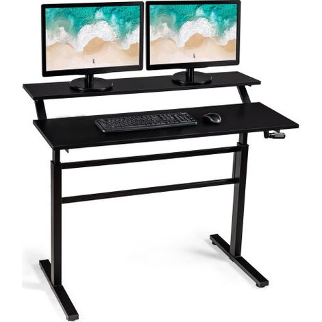 2-Tier Adjustable Height Standing Desk Sit to Stand Workstation w/Shelf (1/3)