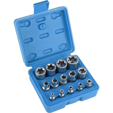 14 pièces E-Torx Star Socket Set E4 E5 E6 E7 E8 E10 E11 E12 E14 E16 E18 E20 E22 E24 Torx Jeu de clés à douille 1/2", 1/4", 3/8" avec boîte de rangement (bleu) (1/5)
