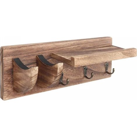Coat Rack Wall Mounted Storage Shelf, Wood Coat Rack with 3 Hooks Hanging Coat Key Clothes Hat, Guitar Hook (1/5)
