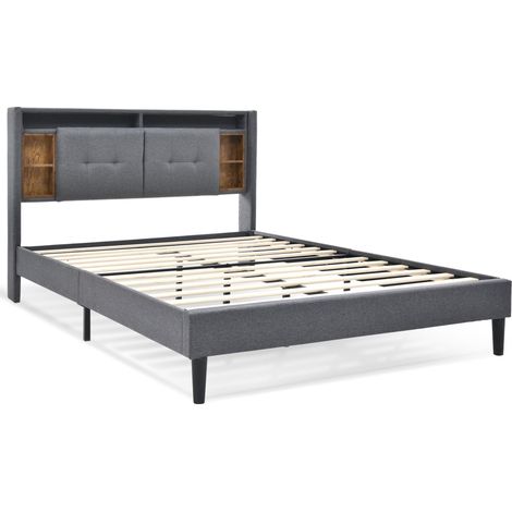 Cama doble 140x200 cm con cabecero de almacenaje LED y USB gris (1/5)