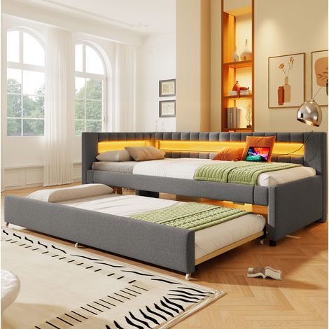 Cama dormitorio con LED y nido extensible gris HAVRYA (1/5)
