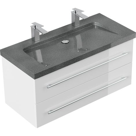 Badmöbel Granit G654 Damo 100 cm 2 Hahnlöcher SoftClose weiß hochglanz