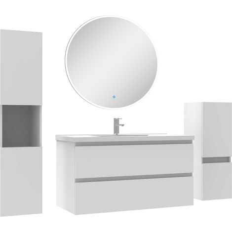 Ensemble meubles Salle de Bain 100cm simple vasque + colonne + miroir rond mural Blanc (1/5)