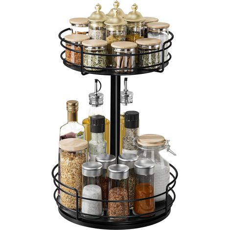 Étagère à épices à 2 niveaux, organisateur rotatif en métal, support à condiments rotatif, plateau tournant pour salon, cuisine, comptoir de rangement (1/5)