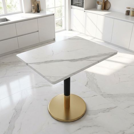 Mesa de comedor de 80x60 cm para 2 personas, tablero efecto mármol blanco, patas de metal negro y base dorada