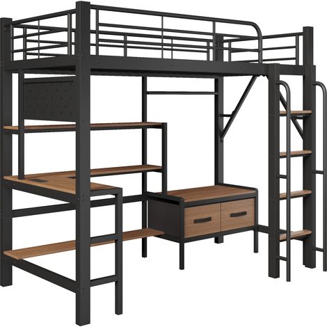 Hochbett 90 x 200 cm aus Metall und MDF mit Schreibtisch Regalen Stoffschubladen USB und LED schwarz (1/5)