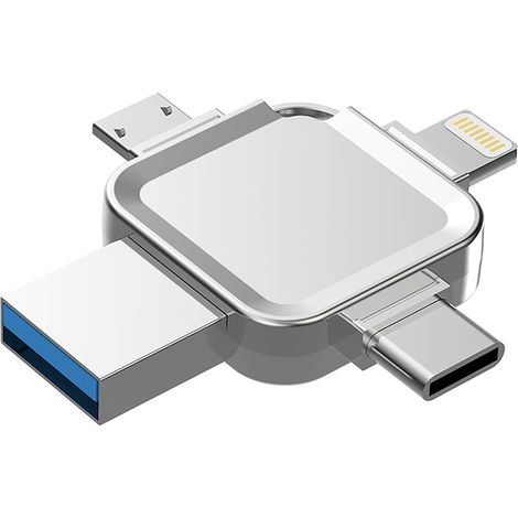 Clé USB 1To multifonction 4-en-1, transfert rapide entre appareils, compatible iPhone et USB 3.0 Type-C OTG, quatre connexions, haute vitesse, étanche, argentée (1/5)