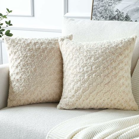 Set of 2 Soft Rabbit Fur Cushion Cover Double Sided Rose Bush Pillow Case for Home Living Room Sofa Bedroom Decoration (Beige, 45x45cm) (1/4)