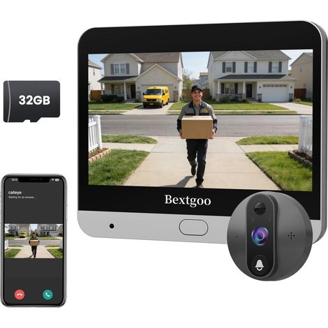 Bextgoo 2K Judas de Porte Camera Surveillance avec Carte 32 Go, Visiophone Connecté Interphone Vidéo, Judas Numerique Écran Batterie 8000mAh, Vision 170°, Detection Humaine AI, Audio Bidirectionnel (1/5)