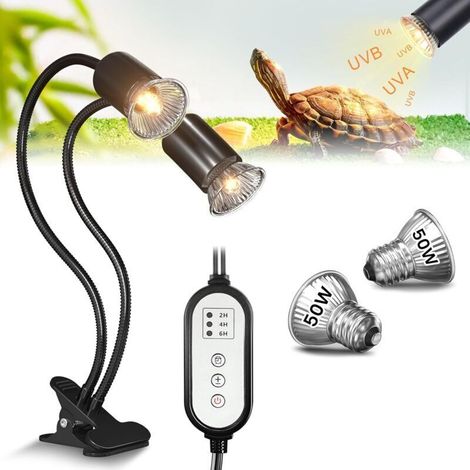 Wärmelampe für Schildkröten, Terrarien-Wärmelampe mit 2 E27 50W UVA/UVB-Lampen, 360° drehbarer Klemme, geeignet für Landschildkröten, Schlangen, Echsen, Kakadus und Chamäleons.