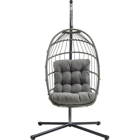 Fauteuil Œuf Suspendu en Rotin Gris Chaise Pliante Siège Meuble de Jardin Coussin d'Épaisseur 15 cm Support en Acier Capacité de 150 kg Extérieur Intérieur Balcon Terrasse [Housse Imperméable INCLUS]