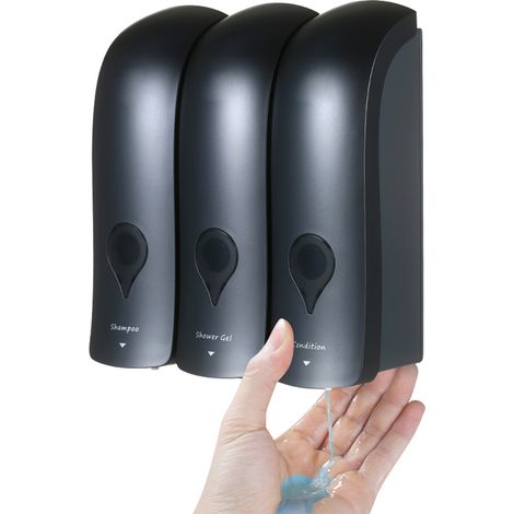Dispensador manual de jabón con 3 compartimentos de 300 ml/10,2 oz cada uno, de montaje en pared para gel de ducha, champú y loción. Disponible en ABS, blanco, gris, dorado y champán. (1/5)