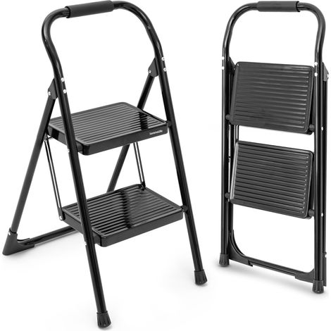 Escabeau 2 Marches, Tabouret Pliant pour Adultes, Large Marche Antidérapante et Main Courante, Structure en Acier Robuste, Capacité de 259 kg, Escabeau Portable pour Maison et Bureau (Noir) (1/5)