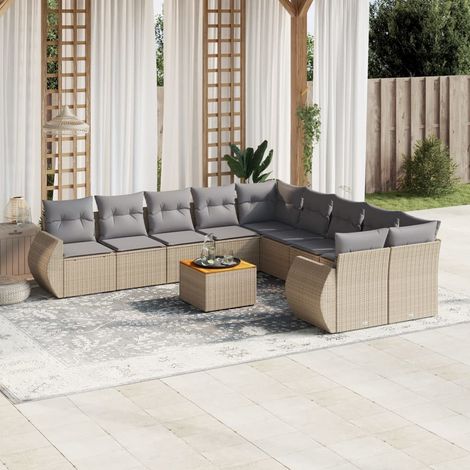 Ensemble Salon de Jardin en Résine Tressée 11 Pièces, 2 Canapés d'Angle avec Table en Acacia et 10 Coussins Gris, Modulaire et avec Espaces de Rangement (1/3)