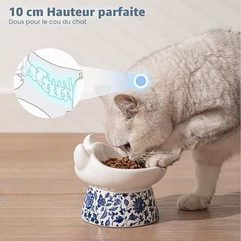 Ceramic Cat Bowl Raised Large Shallow Inclined Bowl with Stand, Anti-Vomiting Cat Bowl for Kittens and Senior Cats (Blue and White Pattern) (1/4)