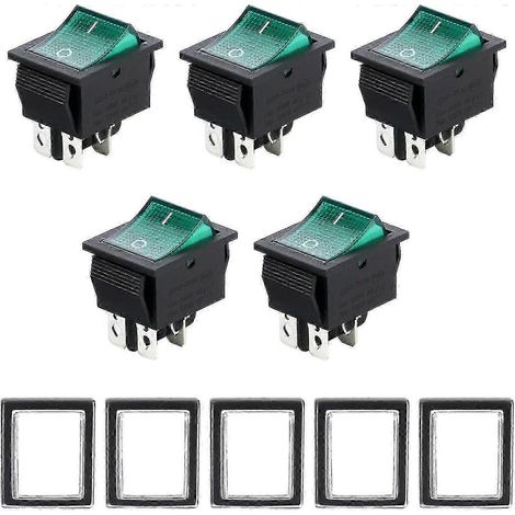 Interrupteur à bascule Push Fit 250 V, interrupteur marche/arrêt à 4 broches - 5 pièces Interrupteur à bascule marche/arrêt pour bateau DPST Interrupteur à bascule lumineux vert AC 250 V 15 A / 125 V  (1/5)