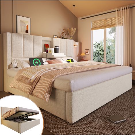 Bett mit Stauraum 160x200 cm, Leinen Beige, mit Lattenrost, Hydraulikfunktion, Ladestation und Becherhaltern (1/5)