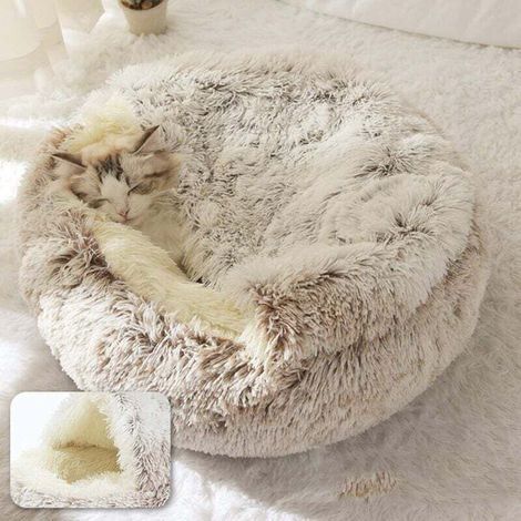 Donut Panier lit Chat Nid pour Animaux De Compagnie avec Housse Coussin Chat apaisant,Peluche Semi-fermée Lit pour Chat,Coussin Moelleux pour Chaton et Chiot (25.6in,Marron-B) (1/4)