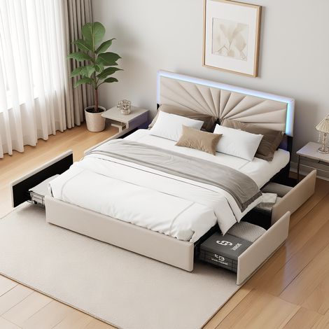 Polsterbett 160x200 cm mit LED-Beleuchtung, Doppelbett mit 4 Schubladens, Modernes Jugendbett, Bettgestell mit Kopfteil und Lattenrost, Leinen Beige, Ohne Matratze
