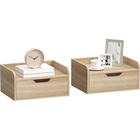 Lot de 2 tables de chevet murales, tables de nuit avec tiroir et plateau à rebords surélevés, 40x30x19,5cm, bois naturel