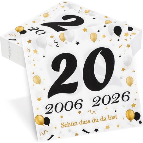 Lot de 50 serviettes de table pour 20e anniversaire, décoration de table en porcelaine noire et dorée (1/4)