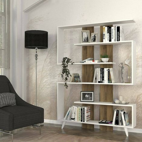 Dmora - Estante para libros Gienah, Estante de oficina, Porta libros móvil, Biblioteca, 120x20h162 cm, Blanco y Nogal, con embalaje reforzado (1/5)