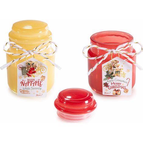Candele profumate di Natale in barattolo di vetro colorato con coperchio, ciondolo in metallo a forma di renna, set da 4 pezzi, Ø 6 cm x 8,5 H