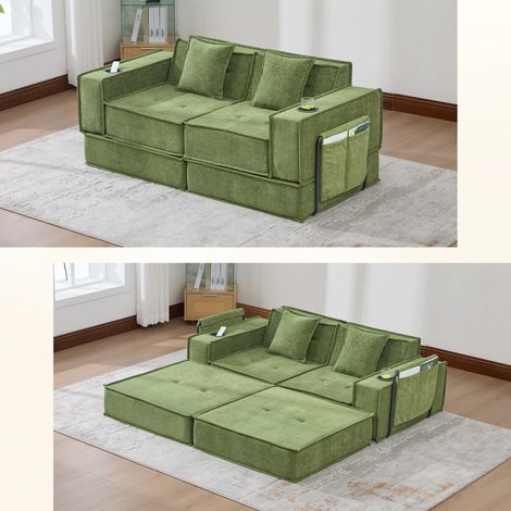 Canapé-lit deux places en tissu avec 2 coussins, pouf décoratif élégant avec rangement latéral et porte-gobelets, idéal pour coin lecture et salle de jeux (1/5)