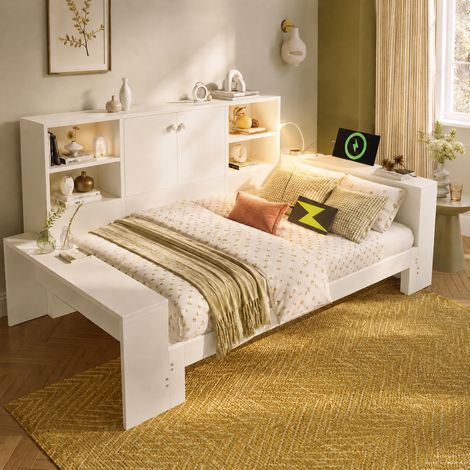 Lit coffre 90x200 cm blanc – lit de jour avec lit gigogne, lit en bois avec double porte et ports USB/USB-C – lit double gain de place et lit enfant (sans matelas) (1/4)