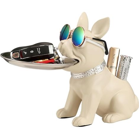 Statue de Bouledogue Noir en Résine avec Plateau de Rangement Multifonction - Décoration Intérieure pour Organiser Clés et Bonbonsulldogge Skulptur Deko (Dog-White-A) (1/5)