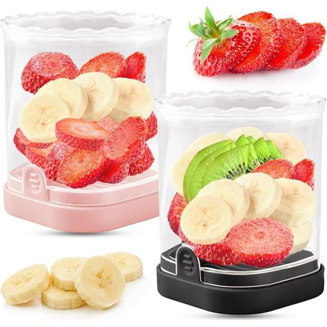 Trancheuse de fruits (noir + rose),Trancheuse de fraises Trancheuse de bananes Coupe raisin Trancheuse à œufs Coupe fruits amovible avec plaque de poussée Gadget de cuisine créatif (1/5)