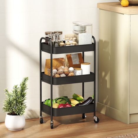 Desserte chariot de rangement en acier chariot de service à roulettes 3 plateaux ajourés 45 x 30.6 x 79 cm noir