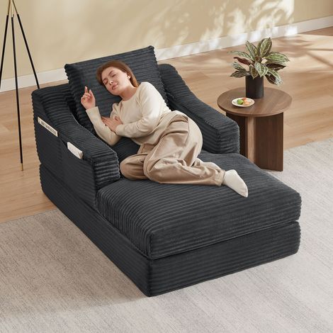 Fauteuil paresseux moderne en velours côtelé, grand siège simple spacieux doté d’une fonction couchage intégrée (1/4)