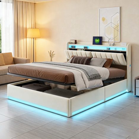 Polsterbett 140x200 cm, Samt, Stauraum am Kopfteil, hydraulischer Stauraum, USB-/Type-C-Anschluss, verstellbare LED-Leselampe