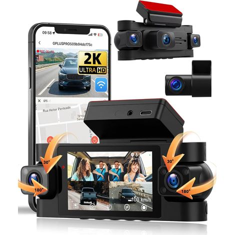 Dashcam 360° 4 Canaux Caméra Voiture – 2K Avant + 3×1080, Dashcam 3" avec WLAN & App, GPS, Vision Nocturne, Capteur G, Surveillance Stationnement 24/7, Enregistrement en Boucle – Universelle (1/5)