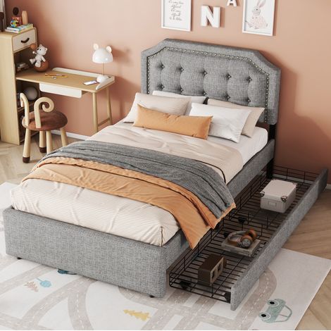 Polsterbett mit Schubladen 90x200 aus MDF und Leinen Grau OKMYHOME (1/5)