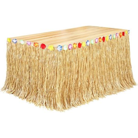 Decoración de mesa: 1 camino de mesa tipo falda de hierba (275 x 75 cm) con flores y velcro, Perfecto para fiestas hawaianas, fiestas tiki (1/5)