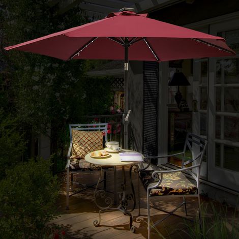 Patio Garden Parasol LED Lights Sun Shade Round Umbrella with Crank Tilt 2.5M Wine Red
