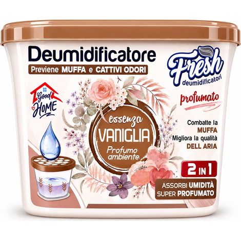 Déshumidificateur absorbant l'humidité parfumé – Anti-moisissure et anti-odeurs 2 en 1 – Récipient avec gel actif (divers parfums) (vanille, 230 g) (1/4)