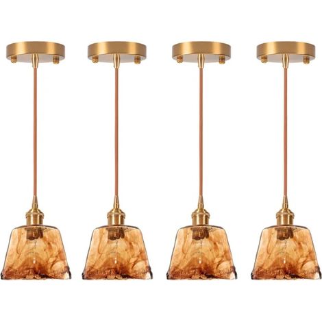 4pcs Lampe Suspension Industriel,Lustre Vintage Abat-jour en Verre Ambre Design Irrégularités E27 Plafonnier Retro pour Salon (1/5)