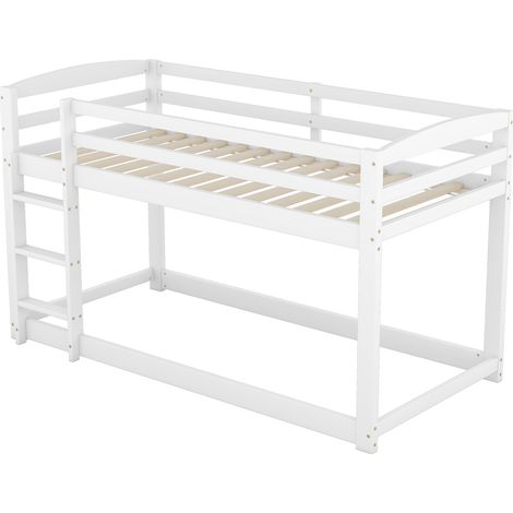 Letto a Castello 2 Posti, Profilo Basso con Sponde di Sicurezza, 90×200 cm, Senza Materasso, Pino, Bianco (1/5)