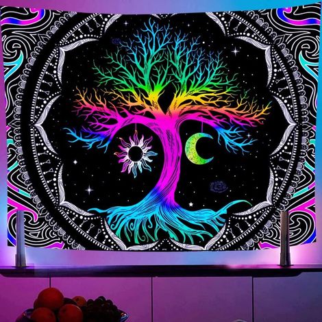 Moon and Sun Pattern Wall Hanging Tree of Life UV Fluorescence Tapestry Psychedelic Mandala Tree of Life Tapestry, Bedroom Decor Wall Hanging for Living Room Dorm Tapestries