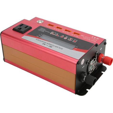 Convertisseur de courant continu 12 V/24 V vers 110 V CA à onde sinusoïdale modifiée (rouge) pour voiture, avec éclairage d'ambiance, 4 ports USB et prise secteur américaine. (1/5)