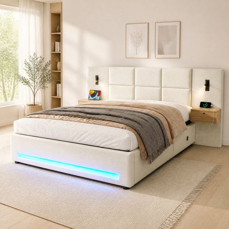 Lit coffre 180x200 cm beige en velours avec tiroirs, éclairage LED et ports USB-C (1/5)