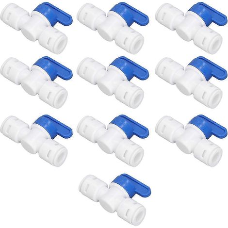 Lot de 10 vannes à bille d'arrêt en ligne, raccords rapides en plastique de 3/8 po de diamètre extérieur pour tuyaux de système RODI de purificateur d'eau (1/4)