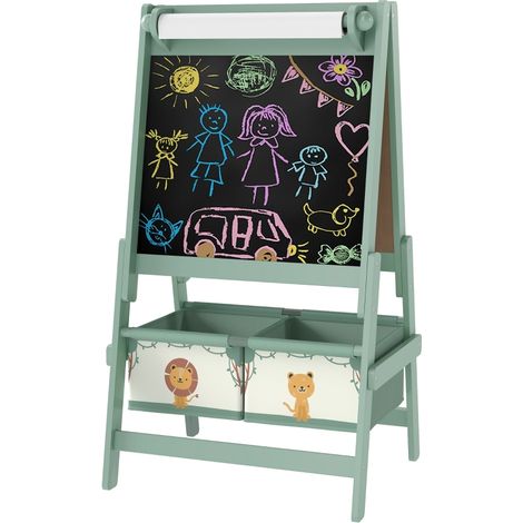 Chevalet pour enfants 3 en 1 : tableau double face (ardoise et tableau blanc) avec rouleau de papier dimensions 54 x 46 x 94 cm vert. (1/5)