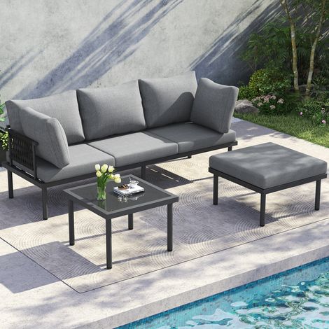 Ensemble jardin angle canapé table basse reposepied, acier galvanisé plateau verre adapté jardin piscine gris noir