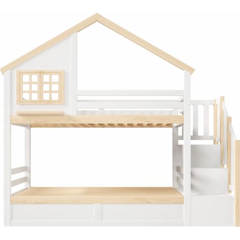 Kinder-Etagenbett 90x200 cm mit Bettkasten, Weiß und Natur (1/5)