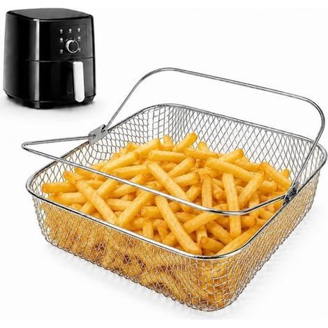 Panier carré pour friteuse à air avec poignée - en acier inoxydable 304 - compatible avec les friteuses à air - Argent (1/3)